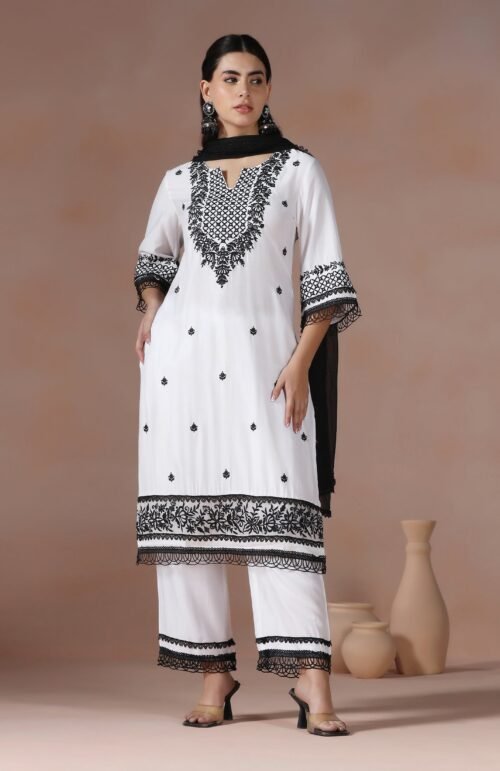 Women Liva Viscose Off White Embroidered Kurta Comfort Pant Dupatta
