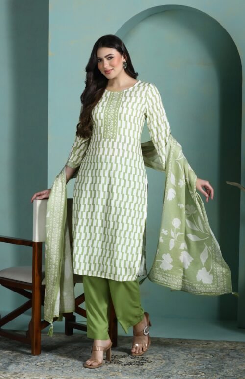 Women Liva Green Printed Kurta Comfort Pant Dupatta