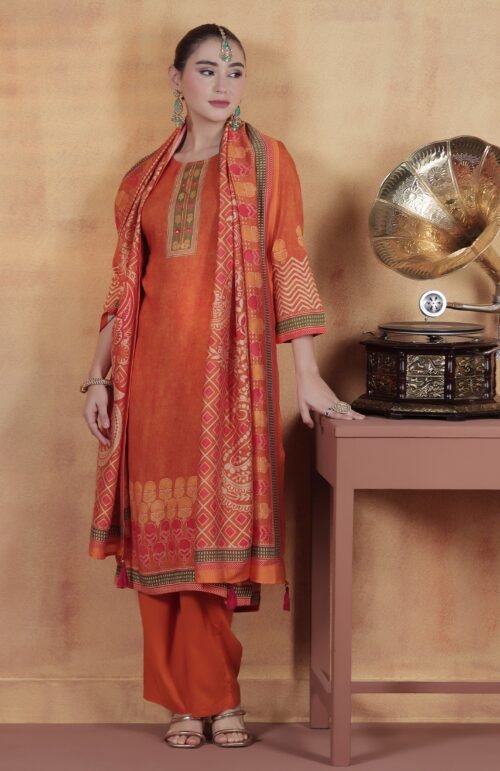 Women Liva Orange Ornamental Print Kurta Comfort Pant Dupatta