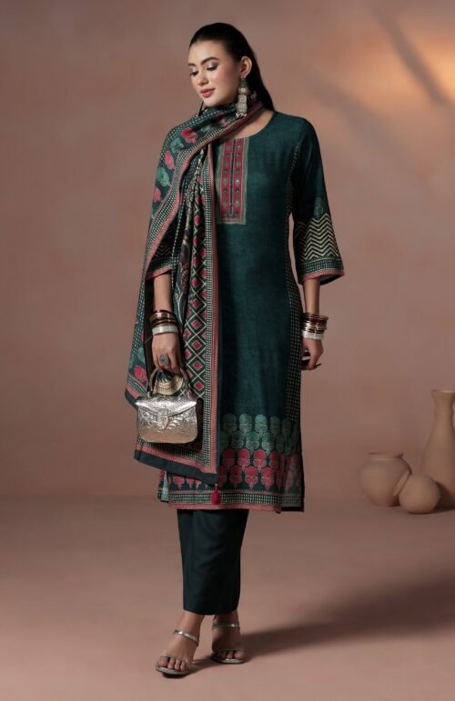 Women Liva Peacock Blue Ornamental Print Kurta Comfort Pant Dupatta