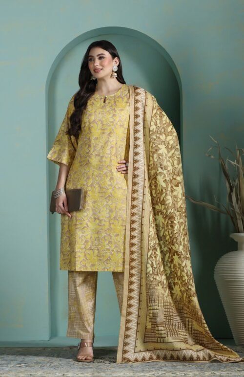 Women Cotton Mustard Abstract Print Kurta Comfort Pant Dupatta