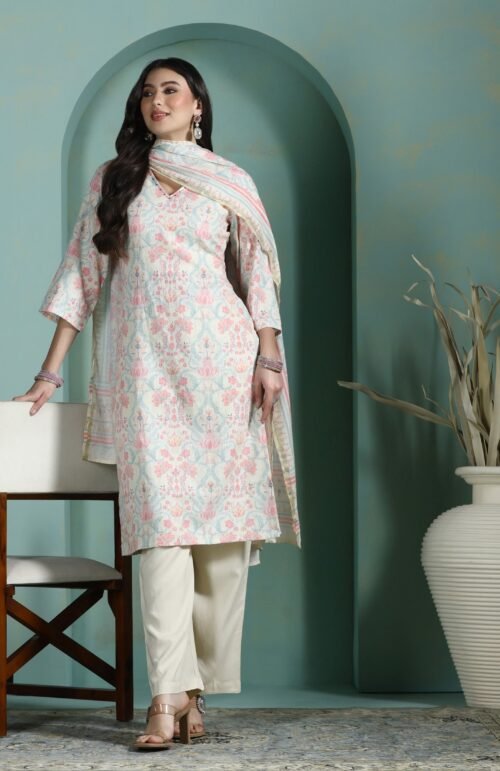 Women Linen Multicolor Floral Print Kurta Comfort Pant Dupatta