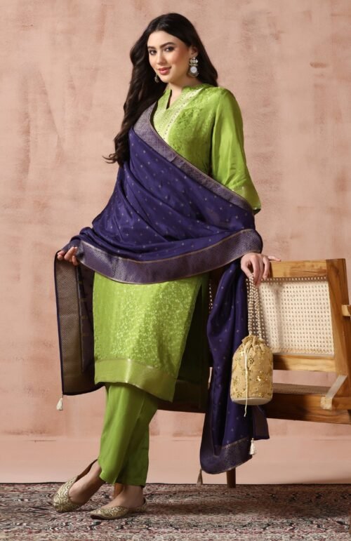 Women Dola Silk Jacquard Green Woven Kurta Comfort Pant Dupatta