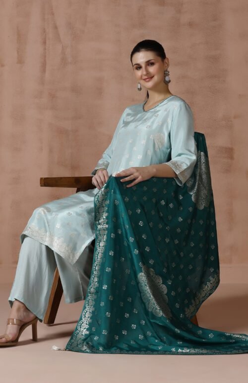Women Dola Silk Jacquard Turquoise Blue Woven Kurta Comfort Pant Dupatta