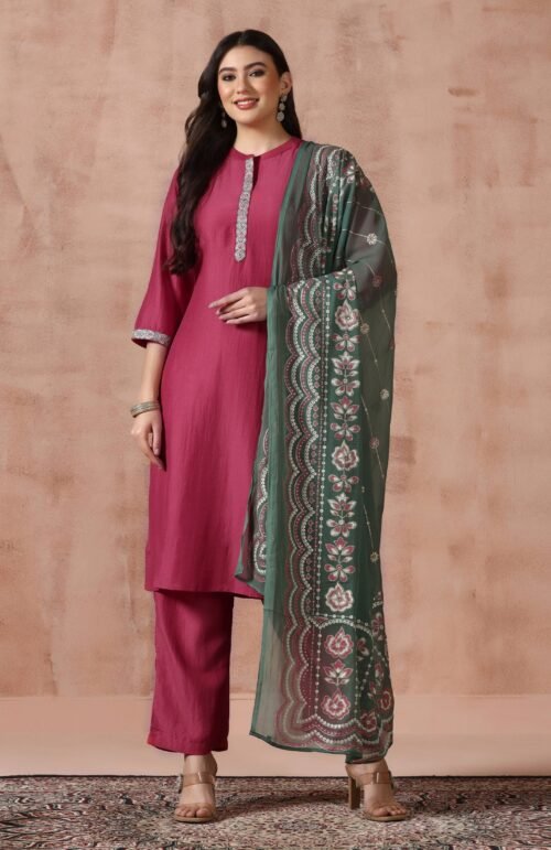 Women Liva Viscose Pink Embroidered Kurta Comfort Pant Dupatta