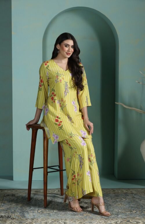 Women Liva Green Floral Print Co-Ord Set