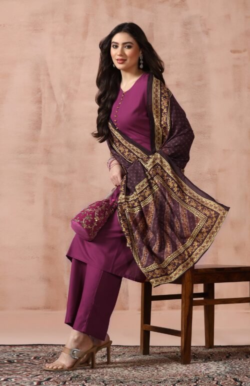 Women Liva Rayon Purple Solid Kurta Comfort Pant with Printed Chanderi Dupatta