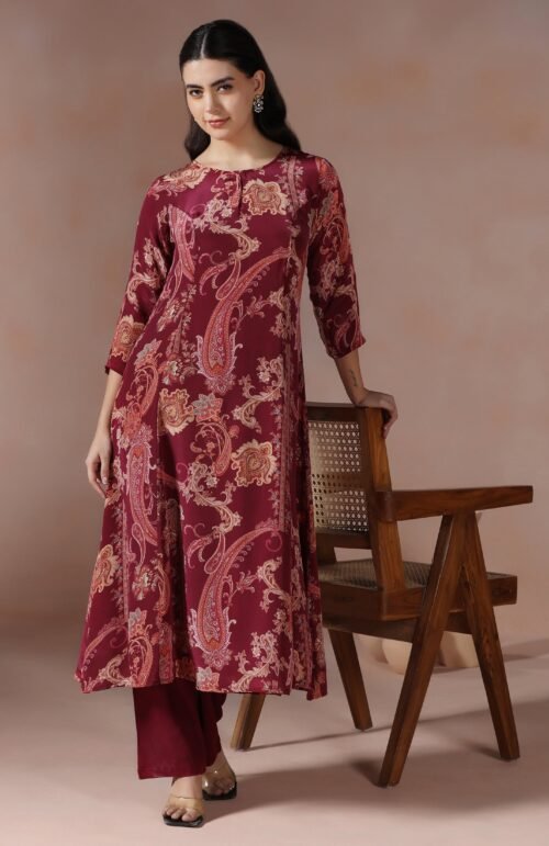 Women Crepe Burgundy Printed Kurta With Comfort Pant