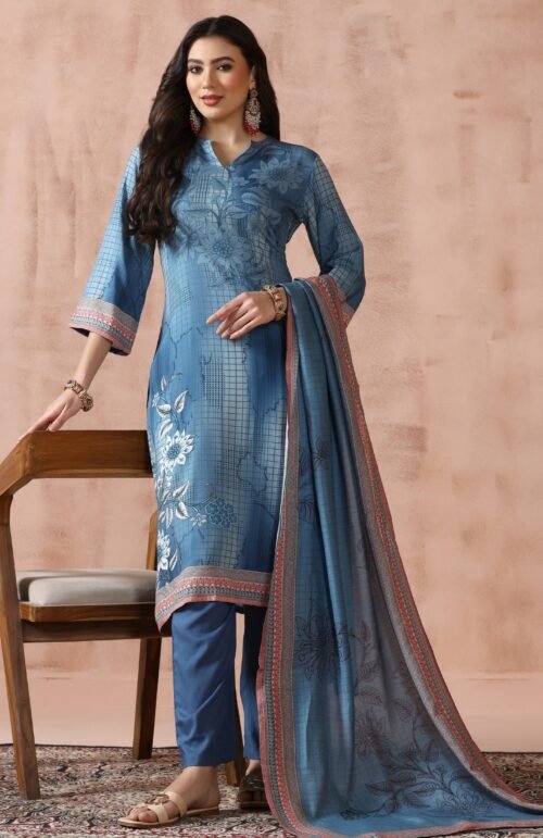 Women Liva Blue Printed Kurta Comfort Pant Dupatta