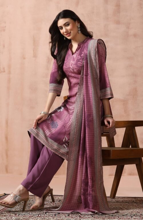 Women Liva Burgundy Printed Kurta Comfort Pant Dupatta