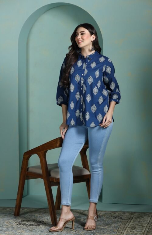 Women Cotton Blue Printed Tunic