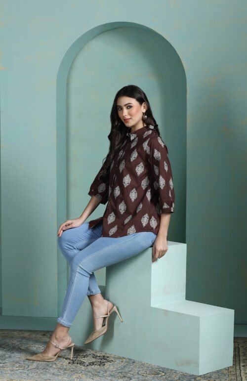 Women Cotton Brown Printed Tunic