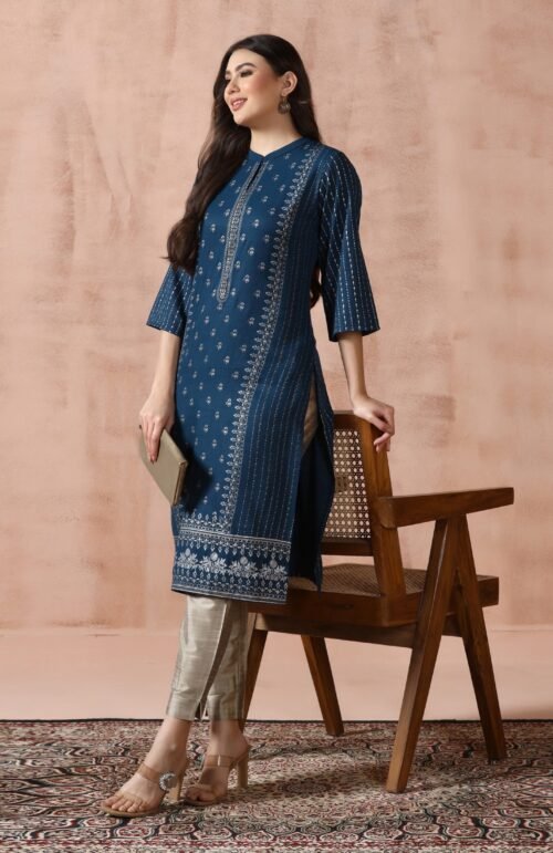Women Blue Live Rayon Placement Print Kurta
