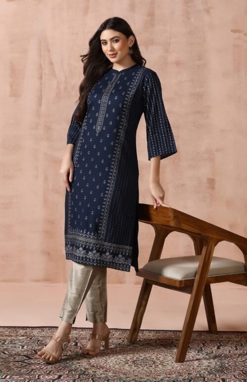 Women Liva Navy Blue Placement Print Kurta