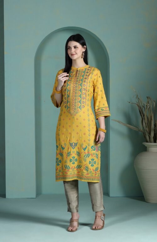 Women Liva Mustard Placement Print Kurta