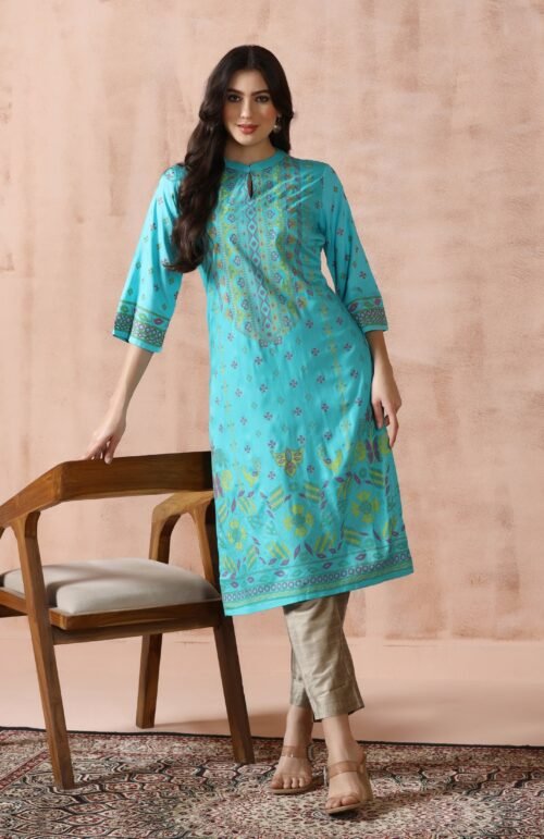 Women Liva Turquoise Blue Placement Print Kurta