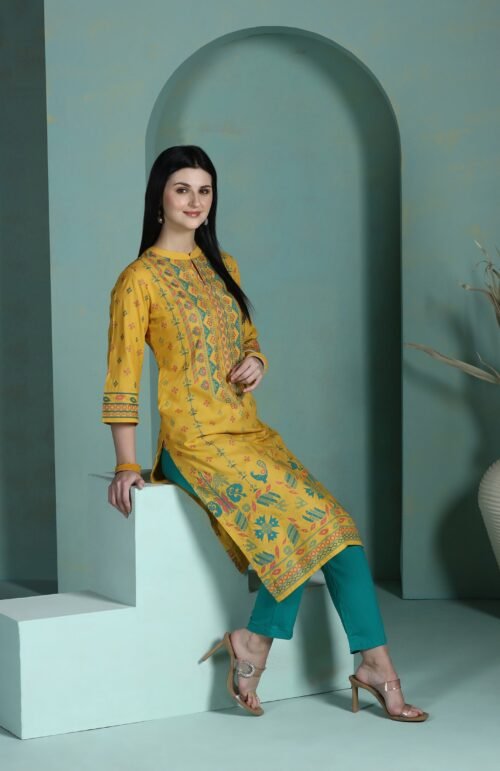 Women Liva Yellow Placement Print Kurta