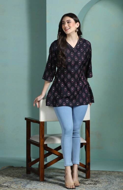 Women Chanderi Black Printed Tunic